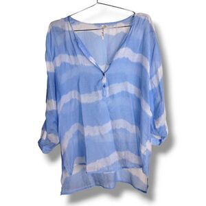 Grande and Greene Women's Top‎ Blue Semi Sheer Pullover 1/2 Button LS Size XL